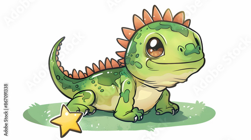 a green dinosaur with a large eye sits on the ground next to a yellow star, while a green leg is visible in the foreground