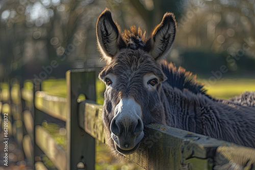 Donkey leaning over a wooden fence, curious look towards the camera photo