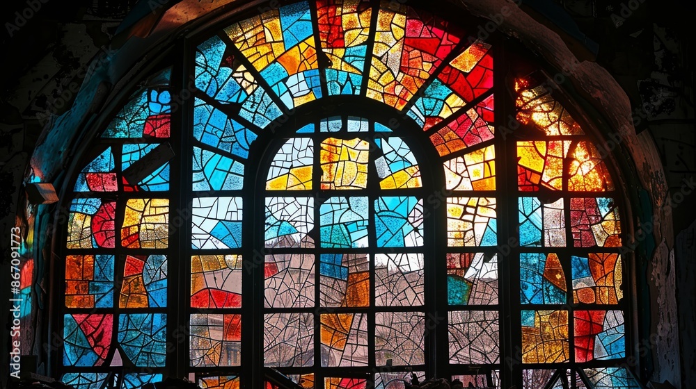 Fragmented Beauty: Broken Stained Glass Window in Cathedral, Renaissance Art Style Fragmented Beauty: Broken Stained Glass Window in Cathedral, Renaissance Art Style