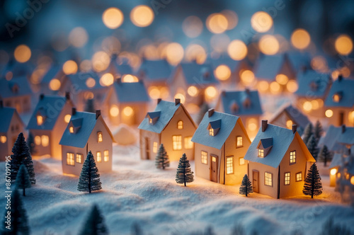 Fairytale Lights: Illuminated Paper Houses on a Snowy Night photo