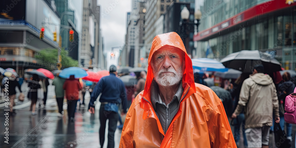 portrait of an old man in a raincoat standing on the street on a rainy day, generative AI portrait of an old man in a raincoat standing on the street on a rainy day, generative AI