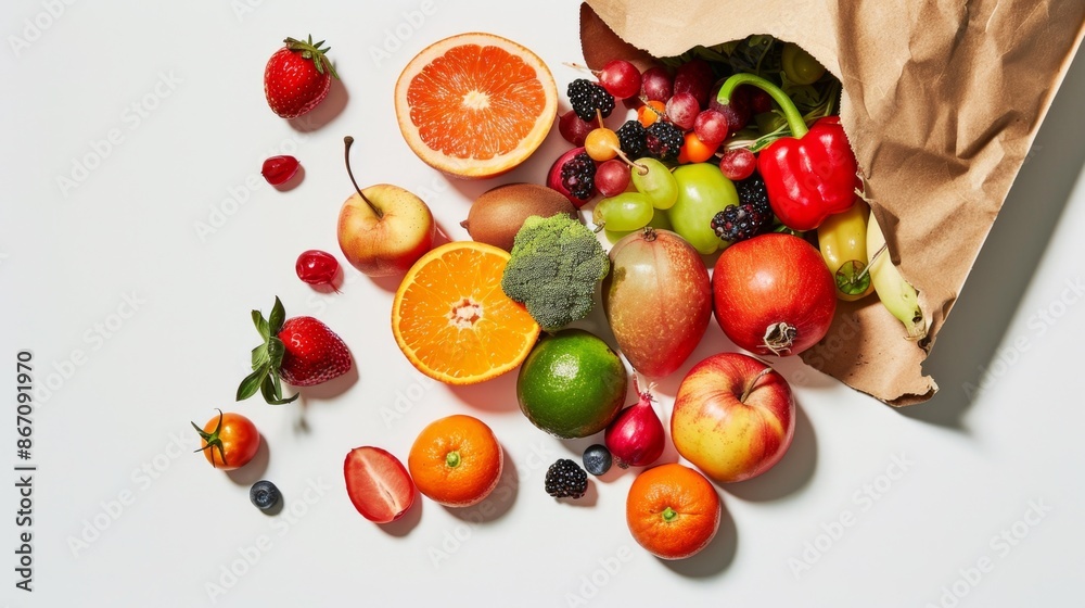 Fresh Fruits and Vegetables Spilled from a Brown Paper Bag - Generative AI Fresh Fruits and Vegetables Spilled from a Brown Paper Bag - Generative AI