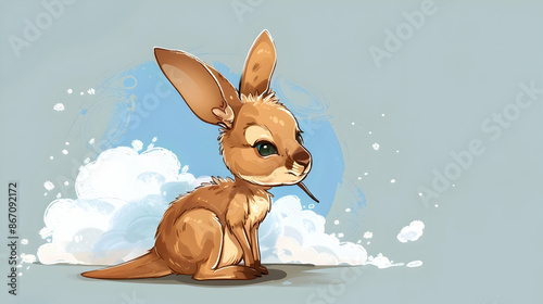 a brown rabbit with a black and blue eye sits on a cloud - filled background, with a brown tail visible in the foreground photo