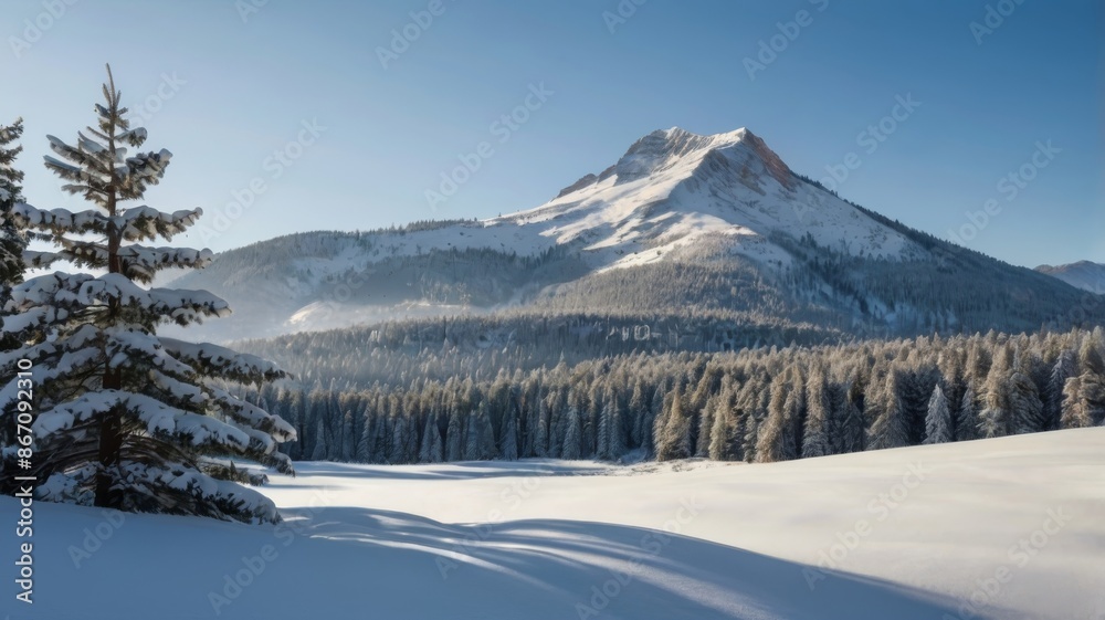 Snow covered winter landscape with pine trees and a mountain backdrop, clear blue sky Snow covered winter landscape with pine trees and a mountain backdrop, clear blue sky