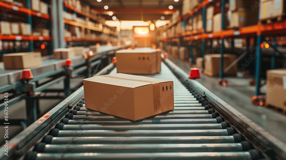 Cardboard Boxes on Conveyor Belt in Modern Warehouse Cardboard Boxes on Conveyor Belt in Modern Warehouse