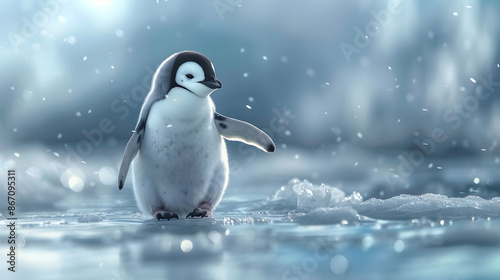 a black and white penguin with a white and black head and black beak stands in the snow, with a black foot visible in the foreground