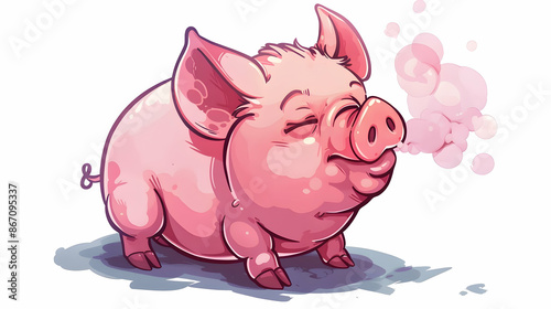 a pink pig with a black eye and pink ear stands on a isolated background, casting a shadow