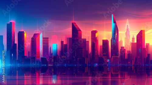 A futuristic city skyline at twilight, with buildings outlined in neon colors transitioning from crimson to burnt orange and indigo. 