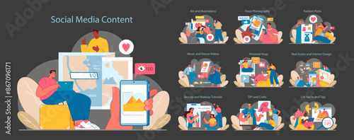 Social Media Content set. Diverse online engagement activities.