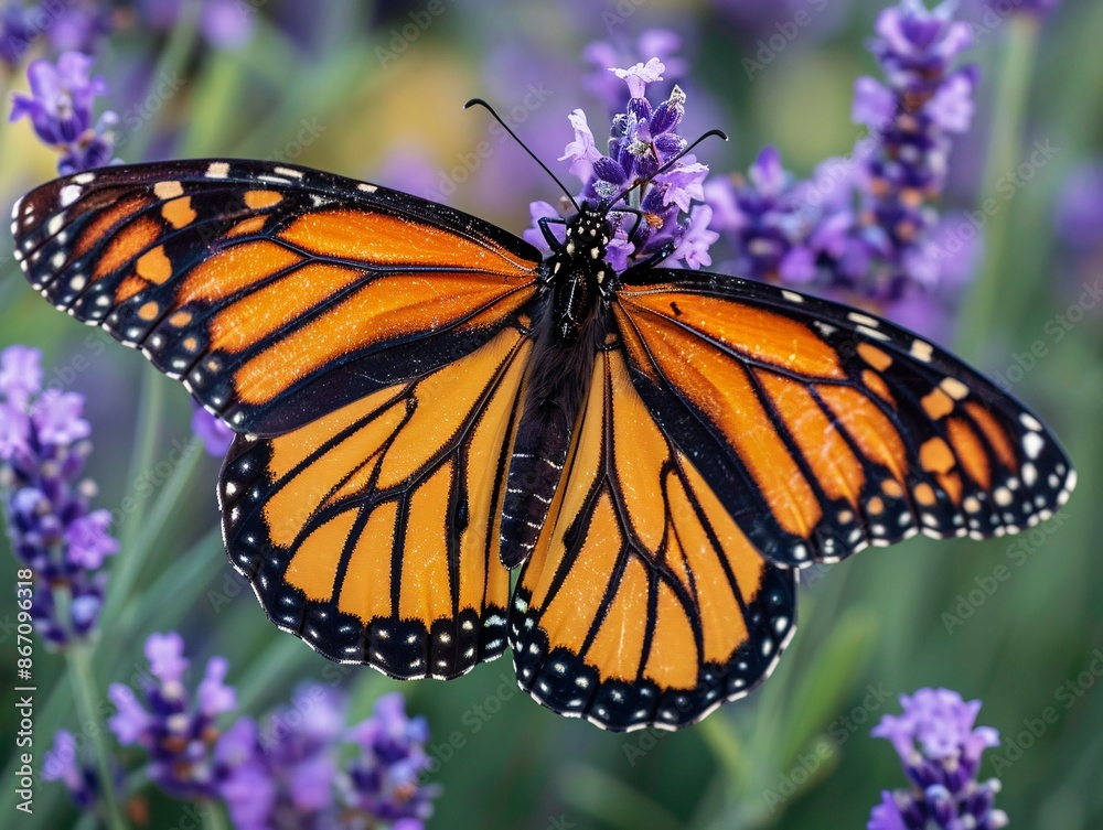 Obraz premium Detailed view of a majestic monarch butterfly resting on a bed of purple lavender, its wings spread wide to display their intricate patterns and vivid colors