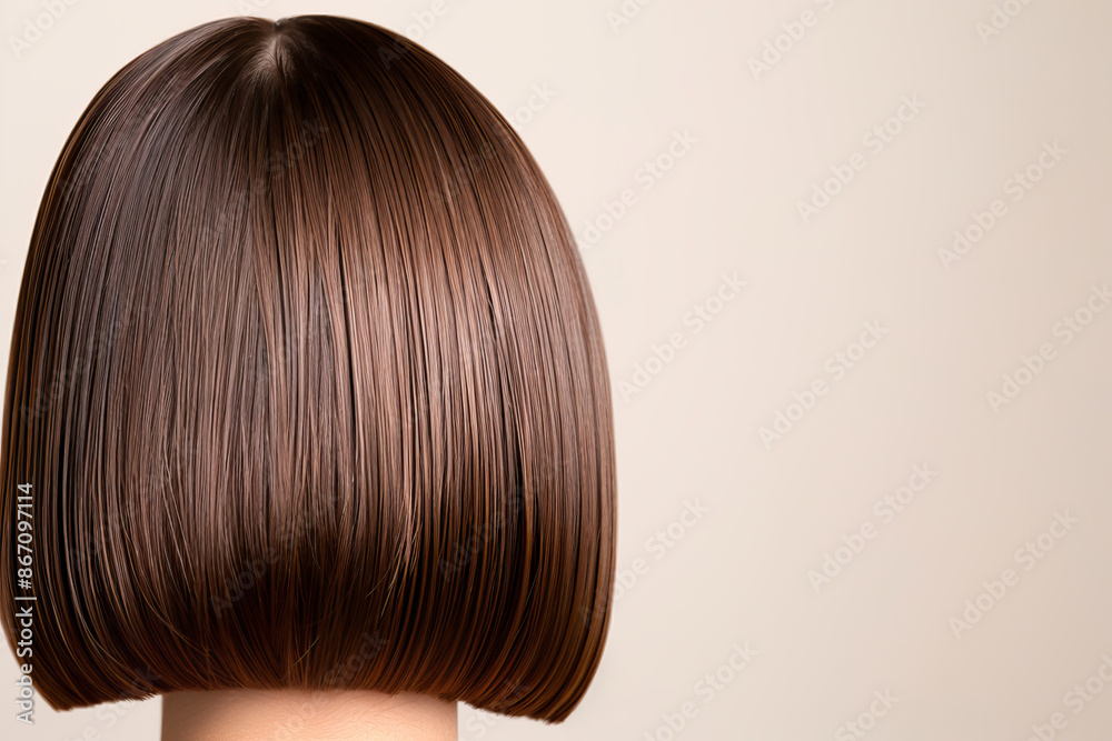 Back view of a smooth, shiny brown bob haircut on a light background, showcasing perfect hair texture and style. Back view of a smooth, shiny brown bob haircut on a light background, showcasing perfect hair texture and style.