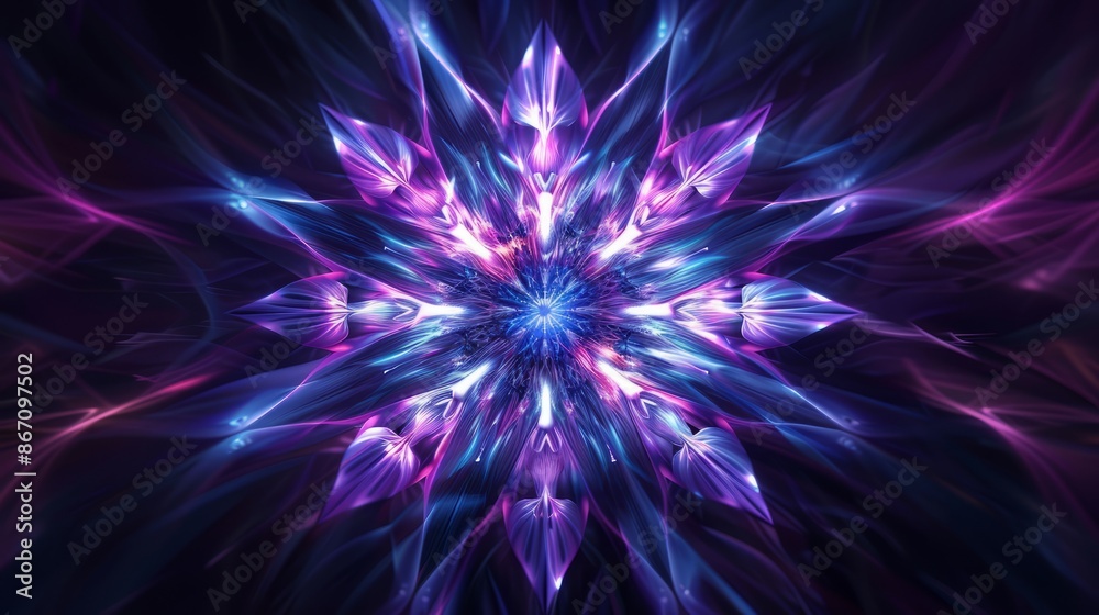 glowing blue and purple flower design, radiating energy on the black backdrop. glowing blue and purple flower design, radiating energy on the black backdrop.
