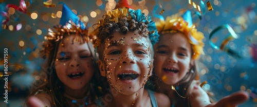 Three Kids Celebrating Carnival Or New Year'S Eve At Home