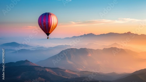 A colorful hot air balloon floats peacefully over majestic mountains at sunrise, with a clear sky and misty valleys below.