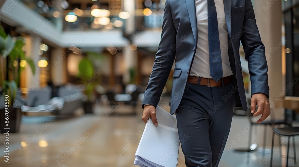 Fototapeta premium Businessman Carrying Documents in a Modern Office with Clear Space