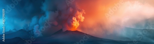 A dramatic volcanic eruption with vibrant smoke and lava contrasts vividly against a colorful sky, capturing nature's raw power and beauty. photo