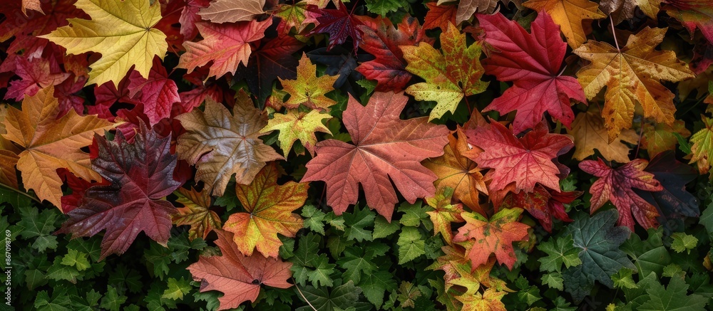 Ideal fall foliage colors against a green backdrop for seasonal applications. Ideal fall foliage colors against a green backdrop for seasonal applications.