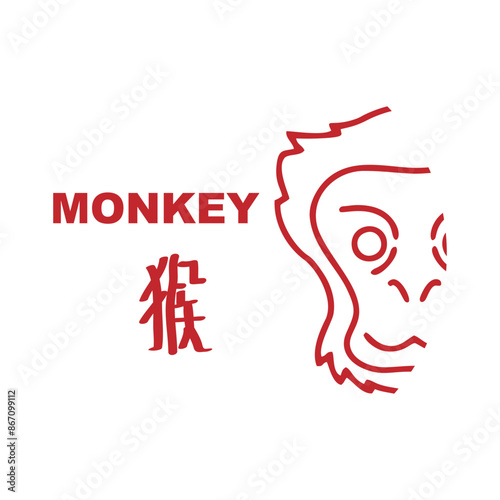 Chinese zodiac signs, horoscope icons set. Animal symbol Monkey. Twelve animal avatars. With Chinese writing.