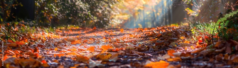 Autumn leaves on ground, vibrant colors, serene path, seasonal beauty, focus on, copy space, rich hues, Double exposure silhouette with forest floor Autumn leaves on ground, vibrant colors, serene path, seasonal beauty, focus on, copy space, rich hues, Double exposure silhouette with forest floor