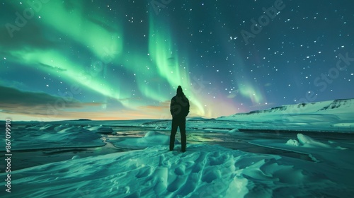 Aurora Borealis in arctic, snowy landscape, dancing lights, majestic sight, focus on, copy space, vibrant tones, Double exposure silhouette with icy terrain