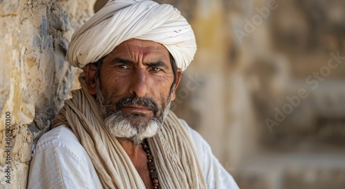 Elderly Man Wearing White Turban and Robe Sitting Against Rocks in Desert Lan...