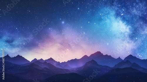 A stunning mountain landscape under a starry sky with a vibrant Milky Way illuminating the night, showcasing natural beauty and serenity. photo