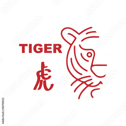 Chinese zodiac signs, horoscope icons set. Animal symbol, tiger. Twelve animal avatars. With Chinese writing.
