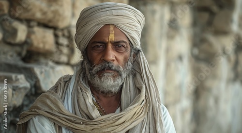 Elderly Man Wearing White Turban and Robe Sitting Against Rocks in Desert Lan...