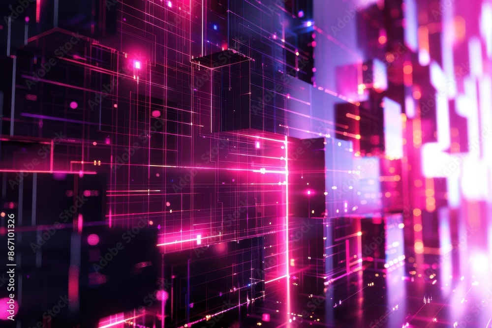 Abstract 3D illustration of glowing neon cubes and gridlines in cyberspace. Concept of technology, network, internet, metaverse and digital world Abstract 3D illustration of glowing neon cubes and gridlines in cyberspace. Concept of technology, network, internet, metaverse and digital world