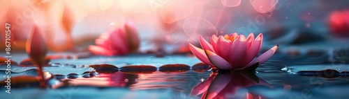 Beautiful pink lotus flower in a serene pond, illuminated by gentle, warm sunlight. The tranquil water surface reflects the delicate petals gracefully. photo