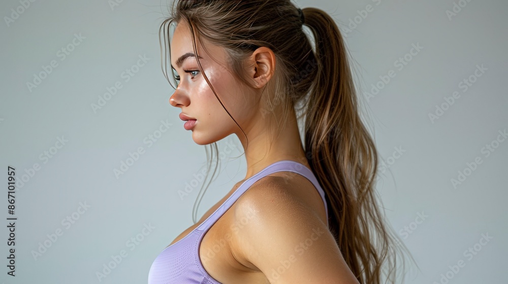Woman with ponytail looking away from camera. Woman with ponytail looking away from camera.