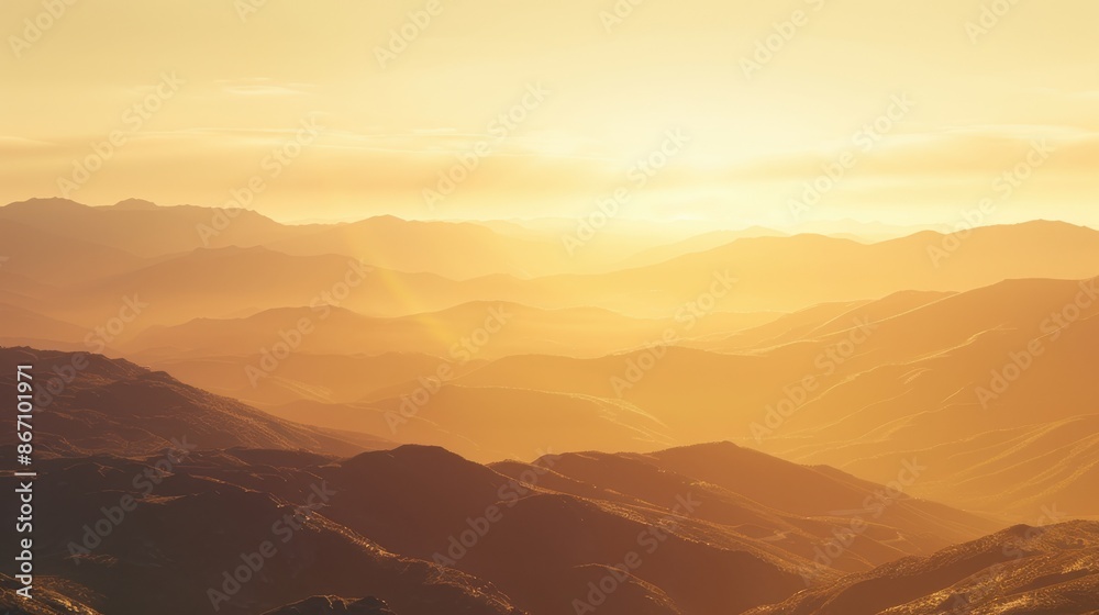 Breathtaking view of a golden sunrise over misty mountain ranges, creating a serene and tranquil natural landscape. Breathtaking view of a golden sunrise over misty mountain ranges, creating a serene and tranquil natural landscape.