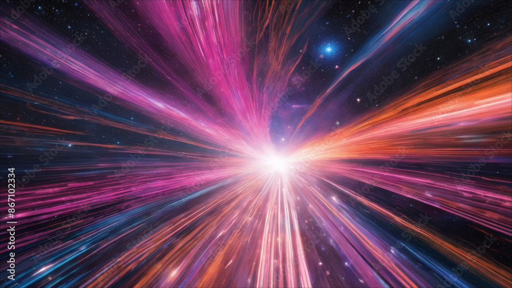 Radiant colored linear rays emanating from a single point in cosmic space.