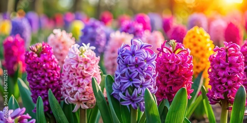 Vibrant Hyacinth variety Anna Liza blooms in a colorful garden , flowers, spring, vibrant, blooming, garden, nature, beauty photo