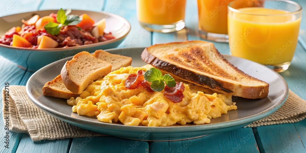 Scrambled eggs served with crispy bacon, toast, and fresh orange juice, American, breakfast, food, eggs, scrambled, crispy Scrambled eggs served with crispy bacon, toast, and fresh orange juice, American, breakfast, food, eggs, scrambled, crispy