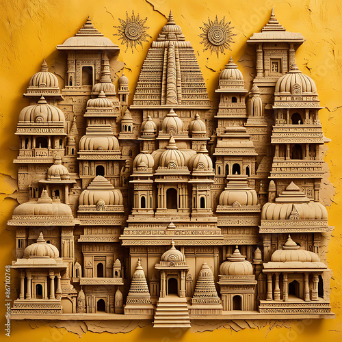 Enchanting Ancient India Themed 3D Art on a Vibrant Sandy Yellow Background, Featuring Majestic Temples, Mystical Mythical Creatures, and Rich Cultural Elements photo