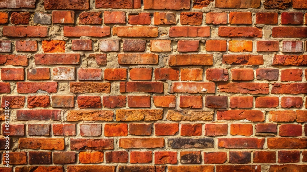 Obraz premium Old distressed red brick wall background featuring rustic textured pattern of worn rectangular bricks with faded mortar joints.