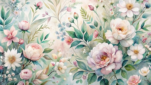 Wallpaper Mural Delicate, whimsical watercolor florals and foliage in soft, pastel hues, blending Japanese abstract style with elegant, dreamy, organic textures. Torontodigital.ca