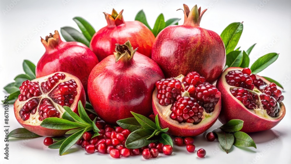Vibrant ripe pomegranates bursting with juicy arils against a pristine white background in a stunning still life arrangement. Vibrant ripe pomegranates bursting with juicy arils against a pristine white background in a stunning still life arrangement.