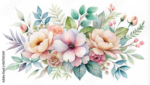 Expansive watercolor floral arrangement featuring delicate petals and leaves in soft hues, evoking serene Japanese abstraction for design applications.
