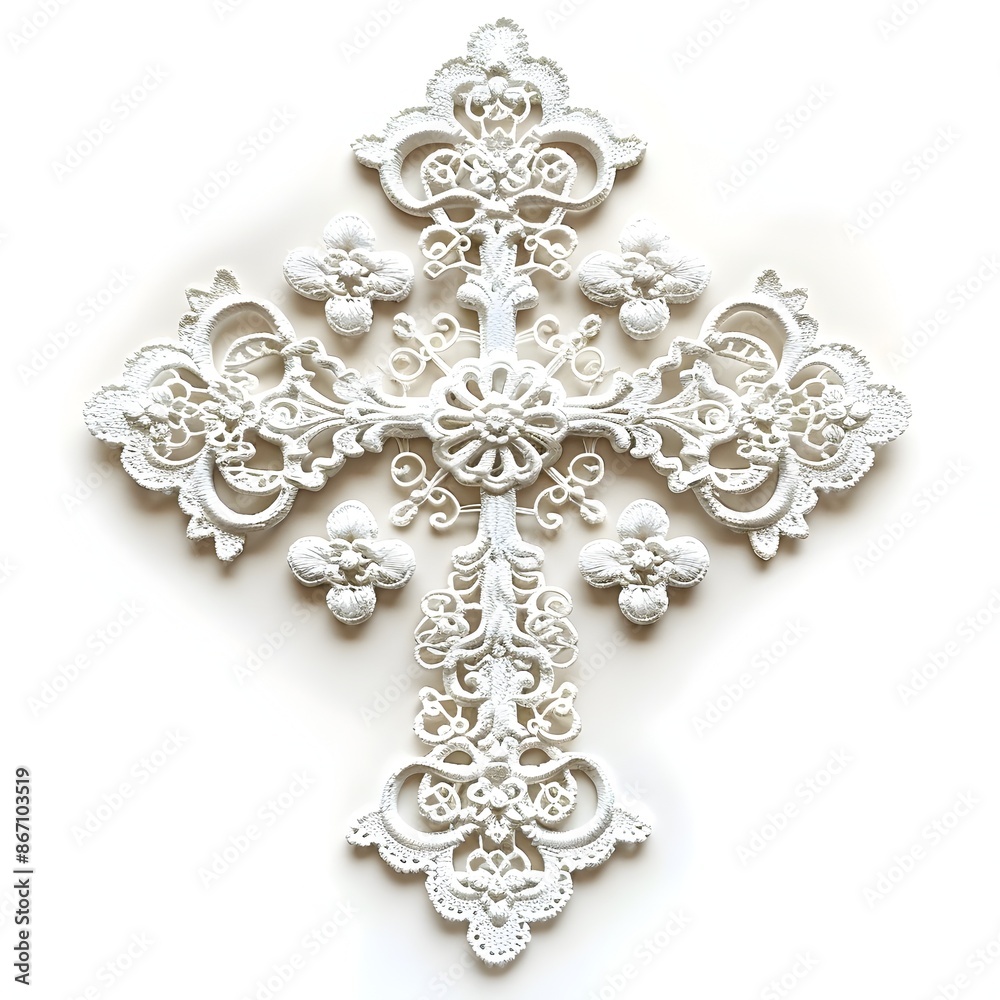 Intricate Lace Cross Symbolizing Purity and Grace on White Background Intricate Lace Cross Symbolizing Purity and Grace on White Background