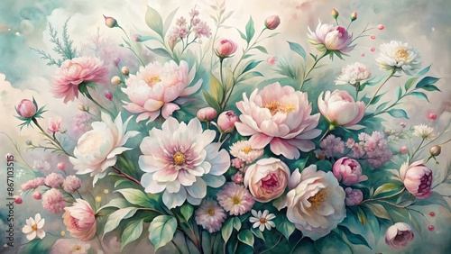 Fototapeta Naklejka Na Ścianę i Meble -  Delicate, dreamy watercolor floral arrangement featuring cherry blossoms, peonies, and foliage in soft, ethereal hues and abstract Japanese style.