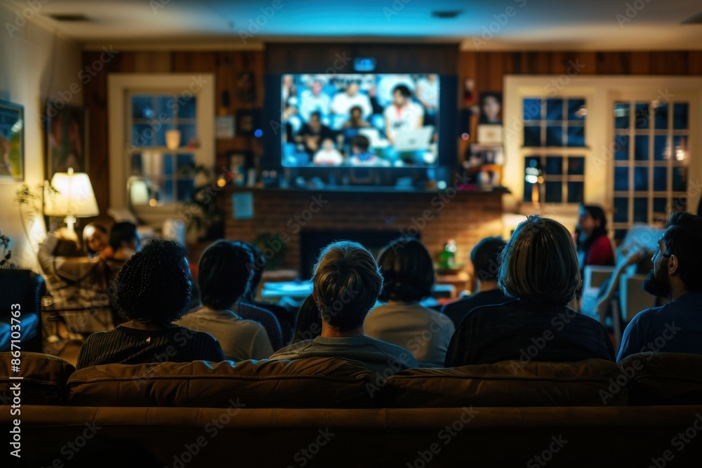 A lively scene of people watching election results on television, filled with anticipation A lively scene of people watching election results on television, filled with anticipation