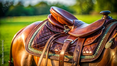 Close-up of a horse's gleaming brown saddle and cinch, with intricate leather stitching, against a blurred green grassy background. photo