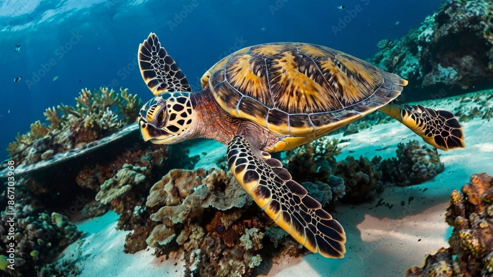 Obraz premium Hawksbill Turtle - Eretmochelys imbricata floating underwater.
