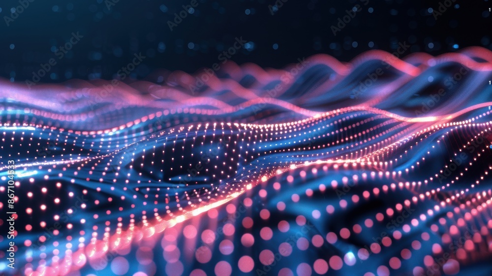 Abstract background of glowing particles and waves. Concept of technology, science, data, and innovation. Abstract background of glowing particles and waves. Concept of technology, science, data, and innovation.