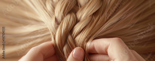 Close-up of hands braiding blonde hair, showing intricate details of the braid. Concept of hair styling, beauty, and personal care. photo