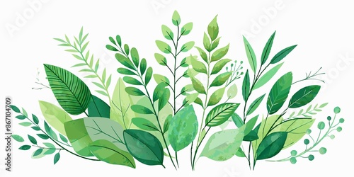 leaves, stems, watercolor, Watercolor leaves and stems arranged on white background, natural and organic photo