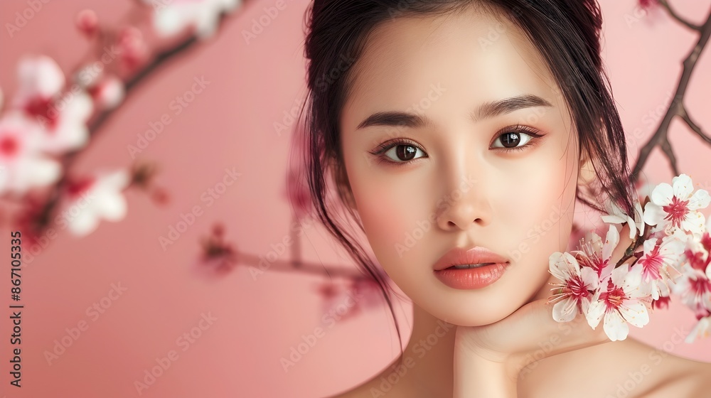 Elegant Asian Woman with Flawless Skin and Delicate Flowers in Minimalist Backdrop