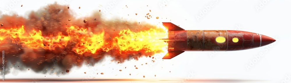 firing rocket with flames, space element, photorealistic, fiery red and yellow, isolated on white background firing rocket with flames, space element, photorealistic, fiery red and yellow, isolated on white background